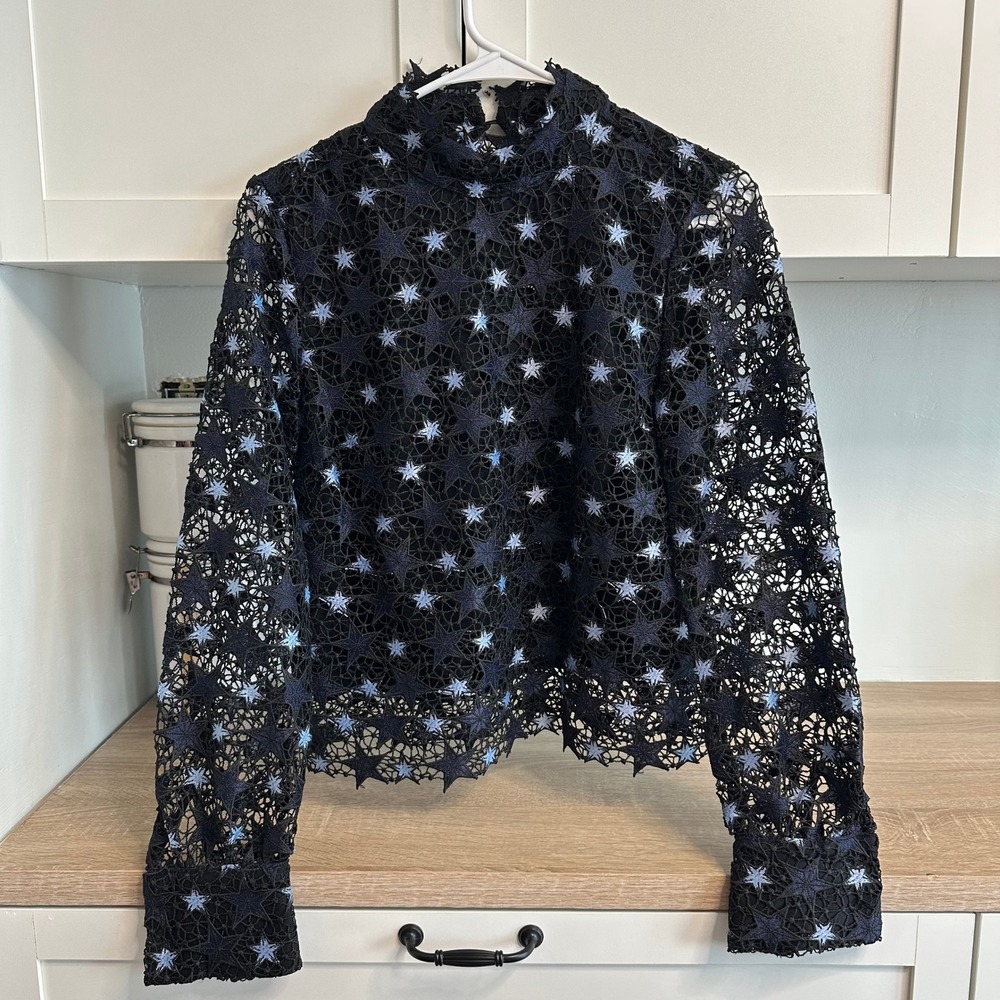 Design Lab Celestial Star Crochet Lace Mock Neck Blouse Women's XS Black Blue